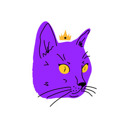 Cat head with crown cartoon style vector.Domestic cat. The concept of pets, print on clothes, packaging.