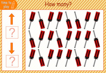 children's educational game, tasks. count how many objects are facing in which direction. construction tools. saw, wrench, hammer, axe, screwdriver, pliers.
