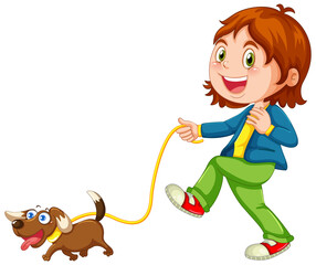 A girl walking her dog on white background