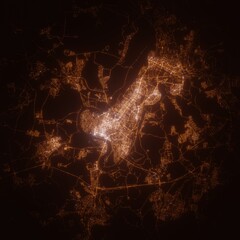 Ufa (Russia) street lights map. Satellite view on modern city at night. Imitation of aerial view on roads network. 3d render