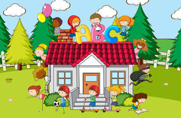 Scene with many kids playing at home