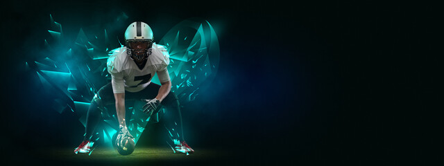Bright poster with american football player in motion and action with ball isolated on dark background with polygonal and fluid neon elements. Art, creativity, sport