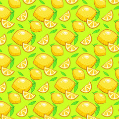 Pattern. lemon, whole, half, slice and leaves.
 A colorful sketch of a collection of citrus fruits isolated on a white background. Vector illustration.