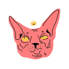 Cat head with crown cartoon style vector. Sphinx cat. The concept of pets, print on clothes, packaging.