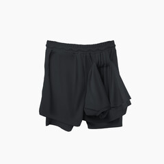 Mockup of black loose shorts with compression line, with t-shirt loop, back view.