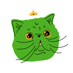 Cat head with crown cartoon style vector. Persian exotic cat.The concept of pets, print on clothes, packaging.