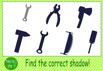 children's educational game, tasks. find the correct shadow. construction tools. saw, wrench, hammer, axe, screwdriver, pliers.