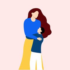 Portrait Mother hugging her son in yellow-blue colors. flat vector. Mothers Day. Woman and boy together. Stop the war in Ukraine. A beautiful modern portrait of motherhood.