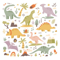 Vector colored collection of childrens clipart with cute dinosaurs. Scandinavian wall art big set on white background. Children's print with cute dino, palm, mountains, volcano, tropical leaves.
