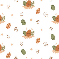 Different colored spotted bird or dinosaur eggs in the nest. Easter egg icon. Flat vector illustration for greating card, nursery poster, banner. Dino birthday party. Seamless pattern