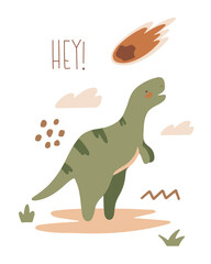 Vector cute illustration with cartoon dinosaur, tropical palm. Scandinavian style wall art for nursery room. Children's print, poster, greeting card. Cute baby t rex. Tyrannosaurus looks at meteorite