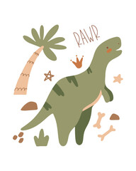 Vector cute illustration with cartoon dinosaur, tropical palm. Scandinavian style wall art for nursery room. Children's print, poster, greeting card. Cute baby t rex. Tyrannosaurus roar