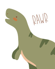 Vector colored illustration with funny dinosaur. Kids print with cute t-rex. Scandinavian style wall art for nursery room. Children's print, poster, greeting card. Adorable baby tyrannosaurus
