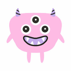 Childish cute monster. A pink monster with three eyes. Drawn alien. Vector illustration.