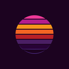 Original vector illustration of a striped neon retro sunset in the style of the 80s. A design element.