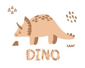 Vector cute illustration with cartoon dinosaur. Scandinavian style wall art for nursery room. Children's print, poster. Cute baby triceratops.
