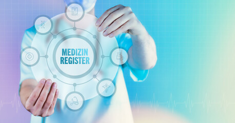Medizin-Register. Medizin in der Zukunft. Arzt hält virtuelles Interface mit Text und Icons im Kreis.