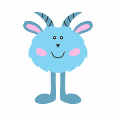 Childish cute monster. Blue monster with horns. Drawn alien. Vector illustration.