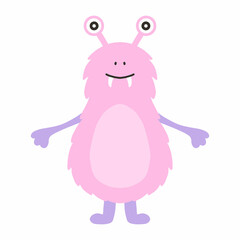 Childish cute monster. Pink monster. Drawn alien. Vector illustration.