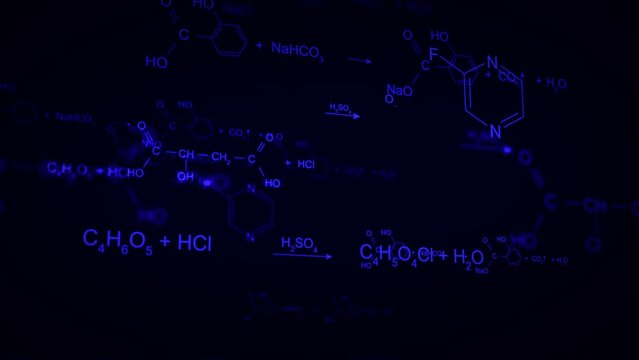 Animation of moving abstract blue chemical formulas consisting of benzene rings, hexagons at blue background. Medical and Science concepts. Seamless loopable background.