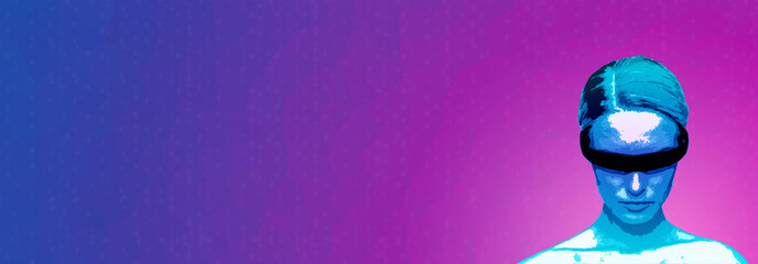 Woman using virtual reality simulator VR goggles. Web 3 or metaverse metaphor. Horizontal banner with copy space, place for text or text area. Neon sci-fi cyberpunk style.
