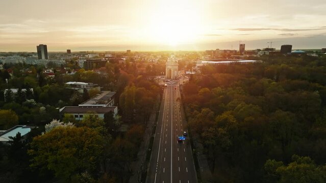 Arch of Triumph Bucharest, Romania Arcul de Triumf București. Sunset shot, golden hour, drone shot 4k