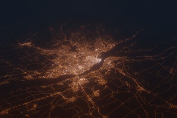 Aerial shot of Quebec (Canada) at night, view from south. Imitation of satellite view on modern city with street lights and glow effect. 3d render