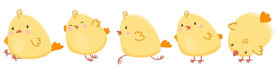 Vector set for easter celebration. Cute little chickens. Vector baby illustration. Chicks on a white background