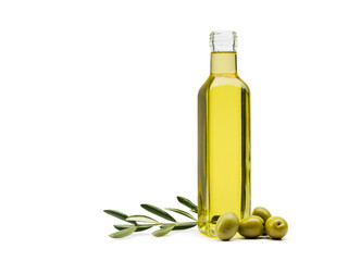 olive oil bottle with green olives on white background