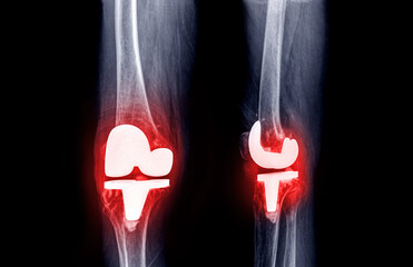 film x-ray  knee AP and lateral view of osteoarthritis knee patient and artificial joint with knee...