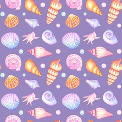 Watercolor sea seamless pattern with seashells.