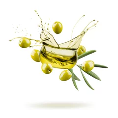 Fototapeten olive oil bowl jumping and splashing with green olives on white background © winston