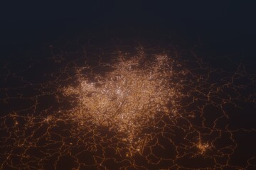 Aerial shot of Yaounde (Cameroon) at night, view from south. Imitation of satellite view on modern city with street lights and glow effect. 3d render