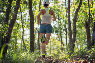 Woman runner running on forest trail