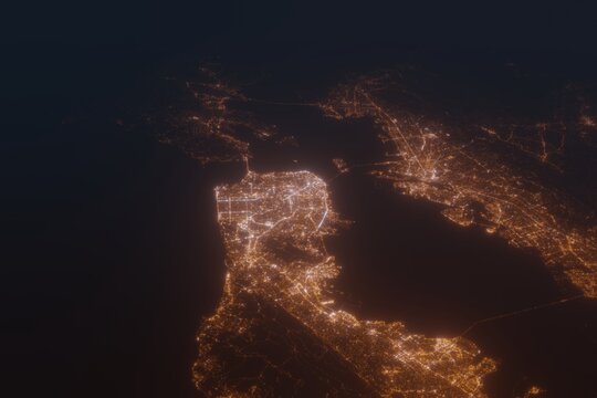 Aerial shot of San Francisco (California, USA) at night, view from south. Imitation of satellite view on modern city with street lights and glow effect. 3d render