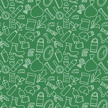 Garbage seamless pattern. Background silhouettes ounlocked trash on green background. Model concept natural pollution. Template plastic, glass and organic waste vector illustration