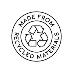 Made from recycled materials logo. Recycle sign in a circle. 100% recycled symbol. Sustainable fashion and environmental friendly industry. Eco product label. Vector illustration, flat, clip art. 