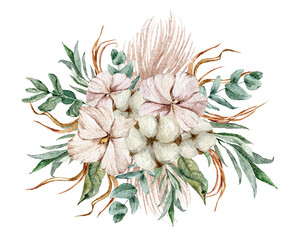 Watercolor spring green boho flower bouquet clipart. Hand painted elegant tropical flower isolated on white background. Bohemian floral illustration for wedding card design, sublimation, print, poster