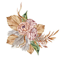 Fototapeta premium Watercolor autumn boho flower bouquet clipart. Hand painted elegant tropical flowers isolated on white background. Bohemian floral illustration for wedding card design, sublimation, print, poster