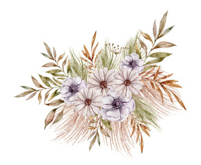 Watercolor spring green boho flower bouquet clipart. Hand painted elegant tropical flower isolated on white background. Bohemian floral illustration for wedding card design, sublimation, print, poster