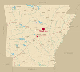 Road map of US American State of Arkansas. Highly detailed transportation map with highway and interstate roads, rivers, lakes and cities realistic vector illustration