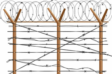 Barbed wire fence with wooden pillar vector.Rusty barbed wire