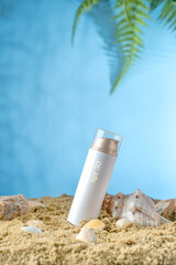 tube of sunscreen without inscription, nautical background, space for text, vacation concept, sun protection