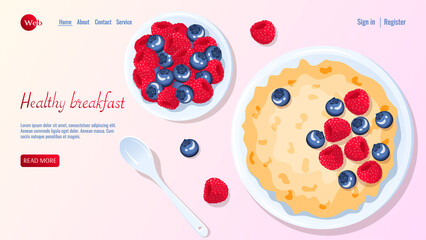 Porridge and berries, spoon near. Raspberry and blueberry. Breakfast, healthy food, dieting concept. Vector illustration for flyer, poster, banner, website development.