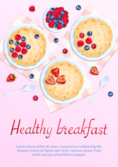 Bowls with porridge and berries, spoons near. Raspberry, strawberry, cranberry and blueberry. Breakfast, healthy food, dieting concept. A4 vector illustration for flyer, poster, banner.