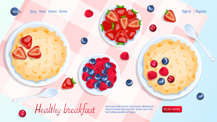 Porridge and berries, spoons near. Raspberry, strawberry, cranberry and blueberry. Breakfast, healthy food, dieting concept. Vector illustration for flyer, poster, banner, website development.