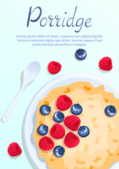 Porridge with berries, spoon near. Raspberry and blueberry. Breakfast, healthy food, dieting concept. A4 vector illustration for flyer, poster, banner.