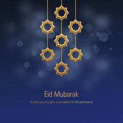Eid Mubarak Greeting Card Islamic Design Mosque Stars and Lanterns. 