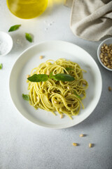 Traditional spaghetti with pesto sauce