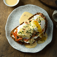 Homemade eggs Benedict with salmon